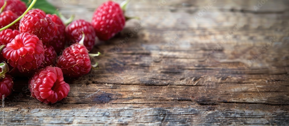 Poster ripe raspberries arranged on a rustic wooden surface creating an appealing setting for a copy space 