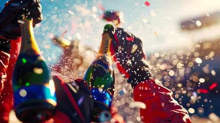 Gordijnen F1 winner in red uniform celebrating the victory on the podium, holding champagne bottle and spraying the crowd with champagne. racing pilot celebrating with champagne spray gran prix vin © Dina Photo Stories