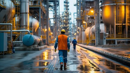 fertilizer production facility with chemical reactors, storage tanks, and workers loading unloading materials