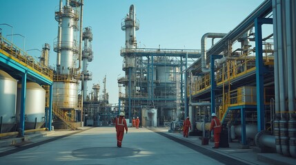 Fototapeta premium fertilizer production facility with chemical reactors, storage tanks, and workers loading unloading materials
