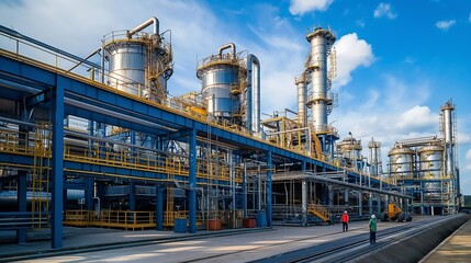 Fototapeta premium fertilizer production facility with chemical reactors, storage tanks, and workers loading unloading materials