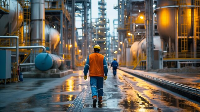 fertilizer production facility with chemical reactors, storage tanks, and workers loading unloading materials