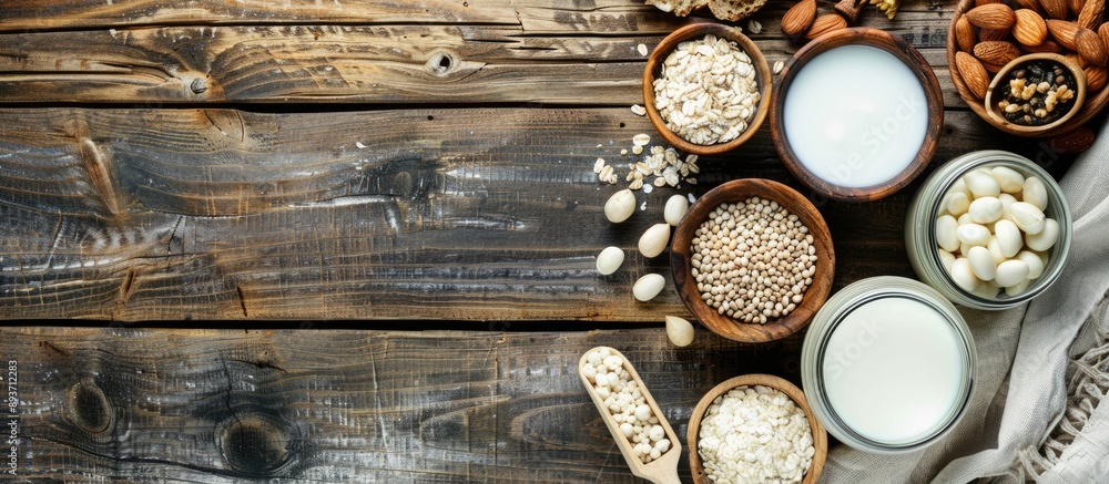 Poster various types of plant-based milks and ingredients placed on a wooden tabletop in a flat lay composi