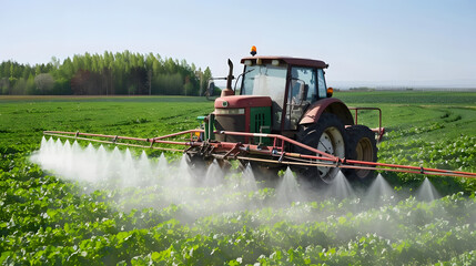 Fototapeta premium The Tractors spraying pesticides on farm field with sprayer at the noon