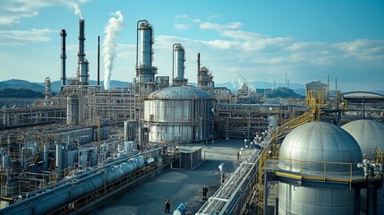 Obraz premium fertilizer production facility with chemical reactors, storage tanks, and workers loading unloading materials
