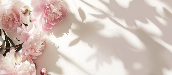 Peonies, paper, and light on a white table with copy space image. Perfect for wedding invites or congratulatory messages.