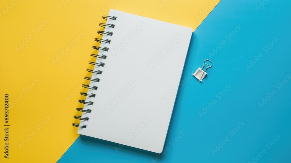 Wall mural Decorated notebook with paperclip on blue and yellow backdrop