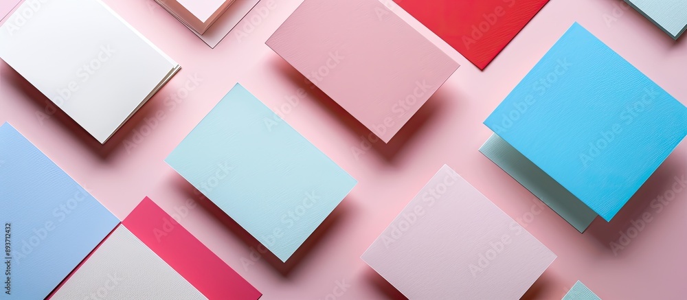 Poster mockup of business cards displayed on a colored background in a flat lay style featuring ample copy 
