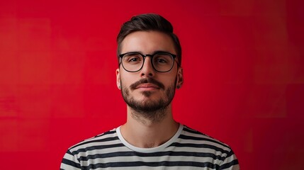 Obraz premium a portrait of a man in a striped shirt against a bold red background, emphasizing space for text or message placement