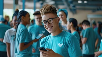 Fototapeta premium Group of young volunteers working at charity center Man smiling happy and using smartphone.