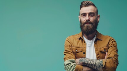 a portrait of a stylish bearded guy in a modern outfit on a teal background, conveying confidence and style, with space allocated for adding text 