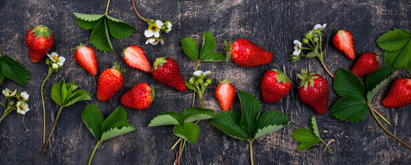 Strawberry with leaves and flowers