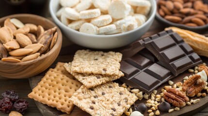 Assorted snacks with biscuits, nuts, and chocolate on a wooden table, perfect for a cozy gathering or a quick treat.