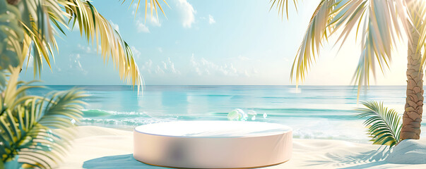 Fototapeta premium Empty beach Summer podium background pedestal platform for showing product.
