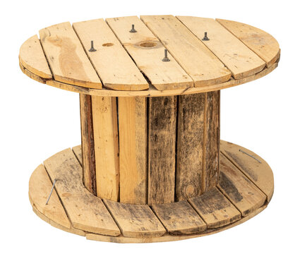 Wooden cable coil isolated on white