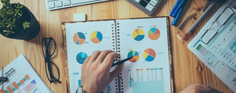 Poster businessman analyzing charts and graphs in a meeting. financial data and statistics on a desk with d