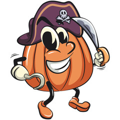 Naklejka premium character of a cute pumpkin cartoon vector isolated clip art mascot illustration as pirate with dagger, work of hand drawn