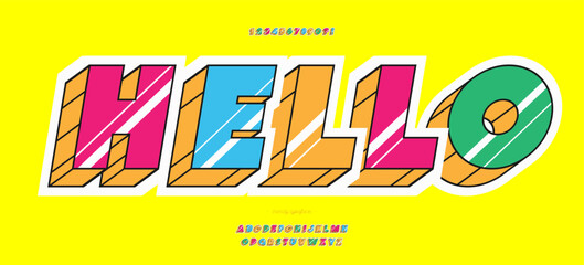 Font 3d bold coloful style for poster, t shirt, flier, decoration, card, sale banner, printing on fabric, industrial. Cool typeface. Trendy alphabet. Vector 10 eps