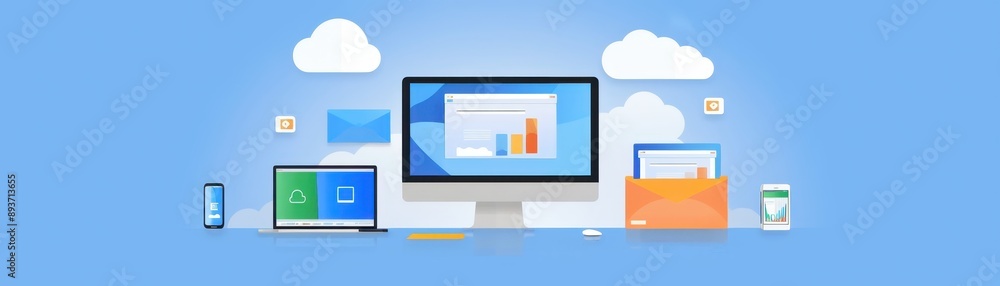 Poster digital workspace with various devices and cloud storage, illustrating modern technology integration