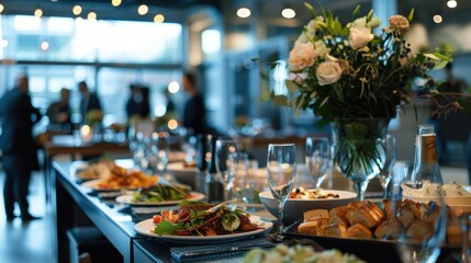 Elegant banquet setup in a spacious venue adorned with flowers, featuring a variety of delicious dishes, ideal for celebrations and gatherings.