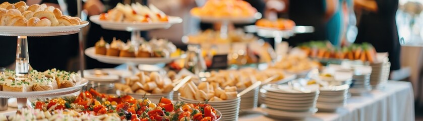 Elegant buffet table setup with a variety of appetizers and finger foods, perfect for events and gatherings, inviting and colorful presentation.