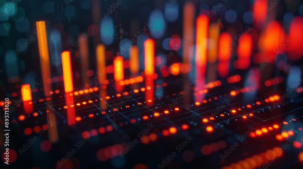 Poster a luminous display of data trends with bright bars and dots representing information flow in vivid c