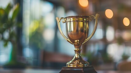 Golden trophy cup on a wooden base with blurred background, symbolizing achievement, success, and victory.