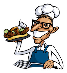 Illustration of a chef cook in a cartoon style holding a spatula and a plate. Isolated on white background.
