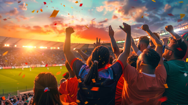Sport fans cheering for their team on stadium at sunset. Crowd of Fans with Painted Faces Celebrate Championship Victory. Soccer, football, tennis fans celebrate victory.