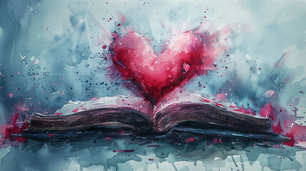 A watercolor painting of an open book with the shape of a heart on it, with a splash paint background in the style of fantasy, Generative AI