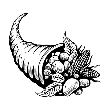Cornucopia, harvest, vegetables vector hand drawn illustration. Isolated on white background.