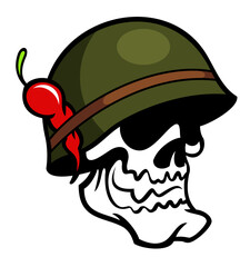 Cartoon style human skull in military helmet with the hot pepper. Isolated on white background.