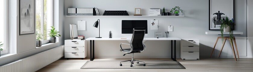 Fototapeta premium Modern minimalist home office with desk, chair, computer, and decor in bright natural light. Ideal for productivity and work-from-home setups.