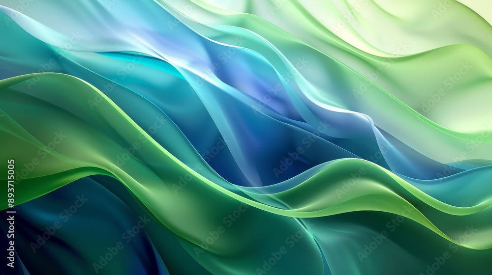 Poster beautiful digital creation portraying abstract green and blue waves with fluid textures and gradient