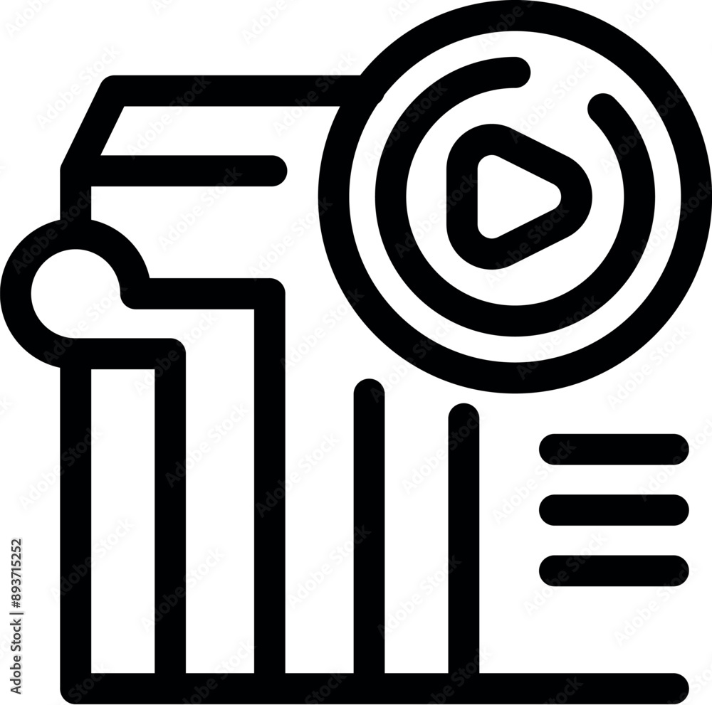 Poster line icon of a bar chart growing higher and higher next to a video play button, representing a succe