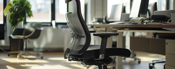 Fototapeta premium Modern office interior with ergonomic chair and computer desks. Sunlight streaming through large windows. Comfortable and professional workspace.