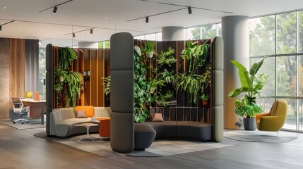 Modern office interior with comfortable seating area, indoor plants, and natural light from large windows, creating a cozy workspace.