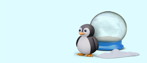 Realistic penguin is standing in snow near empty crystal ball