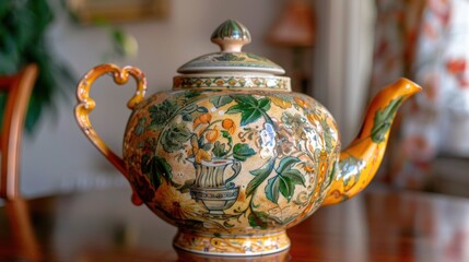 Ornate ceramic teapot with vibrant floral designs in a cozy setting