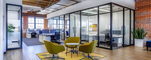 Modern office interior with glass partition walls, open workspaces, and lounge area with green chairs and a wooden floor in a loft setting. - Powered by Adobe