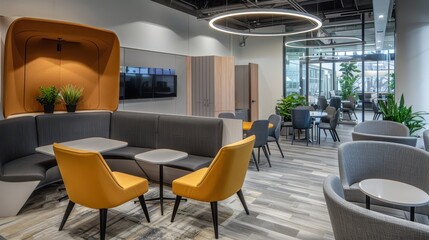 Modern office lounge with stylish furniture, well-lit interior, and cozy seating areas ideal for collaborative work and relaxation.