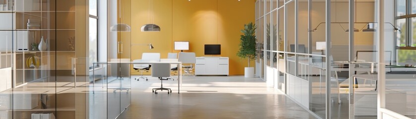 Fototapeta premium Modern office with glass partitions, minimalistic white desks, and a vibrant yellow accent wall, creating a bright and open workspace.