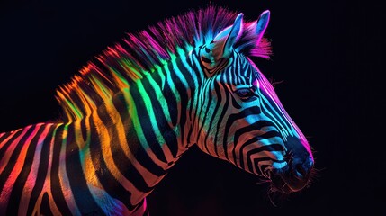 Fototapeta premium A vibrant zebra illuminated with colorful lights against a dark background, showcasing its unique stripes and captivating beauty.