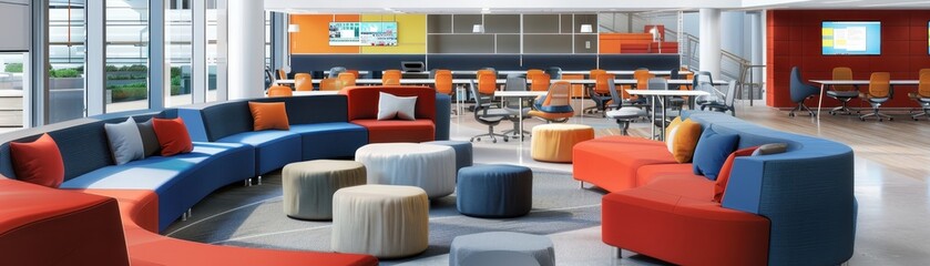Modern open office space with colorful modular furniture, large windows, and collaborative workstations.