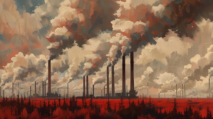 The subject matter is destroyed nature and factories working - a climate change and global warming concept painting