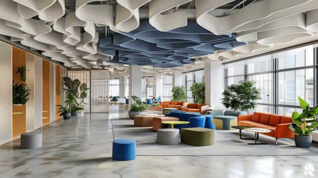 Modern open office space with colorful seating areas, plants, and unique ceiling design, creating a vibrant and collaborative work environment.