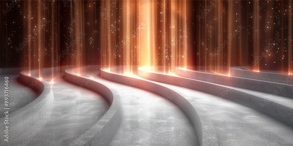 Poster a futuristic and abstract design with undulating, curved pathways or platforms illuminated by glowin