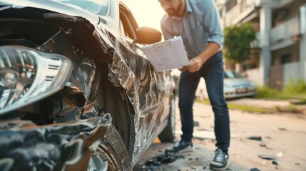 Obraz premium male insurance agent inspects damaged car after accident