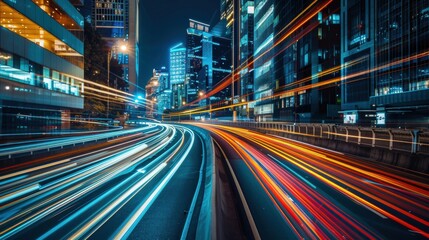 Fototapeta premium Light trails on the modern building background. Light trails at night in urban environment, Abstract Motion Blur City, traffic, transportation, street, road, speed