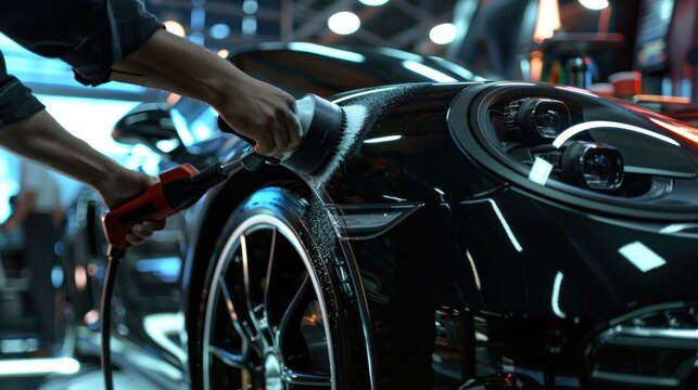mechanic polishing black car with polisher